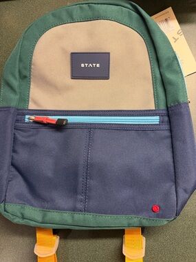 STATE Colorblock Backpack in Green, Navy & Gray with Yellow Straps